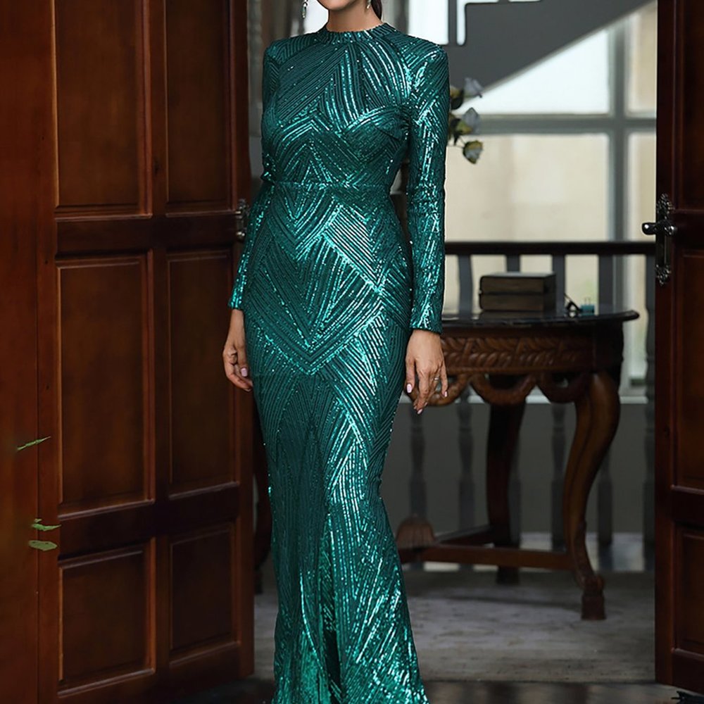 Brand New  Mermaid Hem Sequin Formal Gown Dark Green